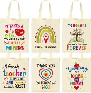 Y1tvei 6Pcs Teacher Canvas Tote Bags Bulk Rainbow Teacher Appreciation Week Funny Gifts Thank You for Helping Me, Teaching Is A Work of Heart Inspire Reusable Grocery Bag for Women Men Graduation