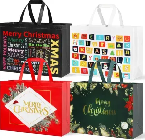 YANGTE 12 Pack 17" Extra Large Christmas Gift Bags, Christmas Tote Bags with Handle, Non-Woven Christmas Bags for Gifts Wrapping Xmas Holiday,16.9" x 12.6" x 6.8"