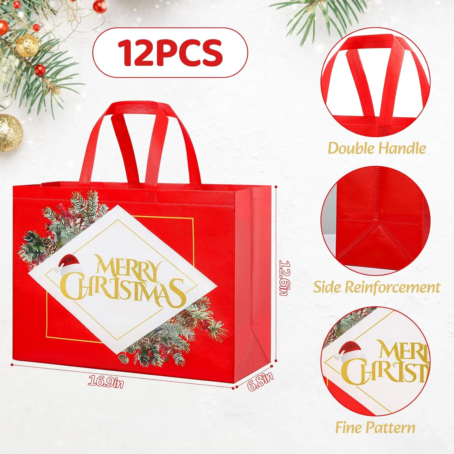 YANGTE 12 Pack 17" Extra Large Christmas Gift Bags, Christmas Tote Bags with Handle, Non-Woven Christmas Bags for Gifts Wrapping Xmas Holiday,16.9" x 12.6" x 6.8"