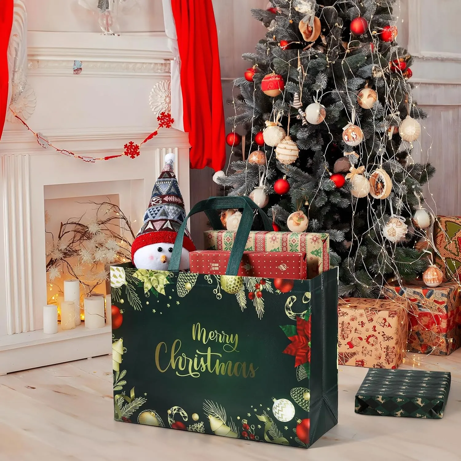 YANGTE 12 Pack 17" Extra Large Christmas Gift Bags, Christmas Tote Bags with Handle, Non-Woven Christmas Bags for Gifts Wrapping Xmas Holiday,16.9" x 12.6" x 6.8"