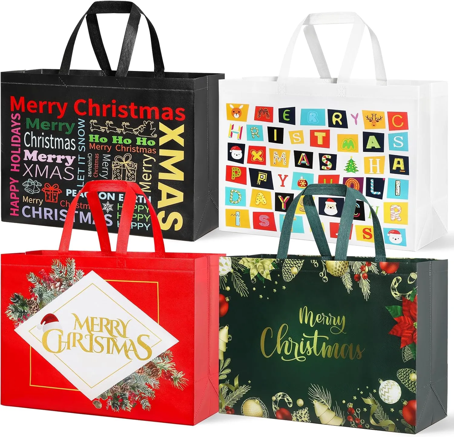 YANGTE 12 Pack 17" Extra Large Christmas Gift Bags, Christmas Tote Bags with Handle, Non-Woven Christmas Bags for Gifts Wrapping Xmas Holiday,16.9" x 12.6" x 6.8"