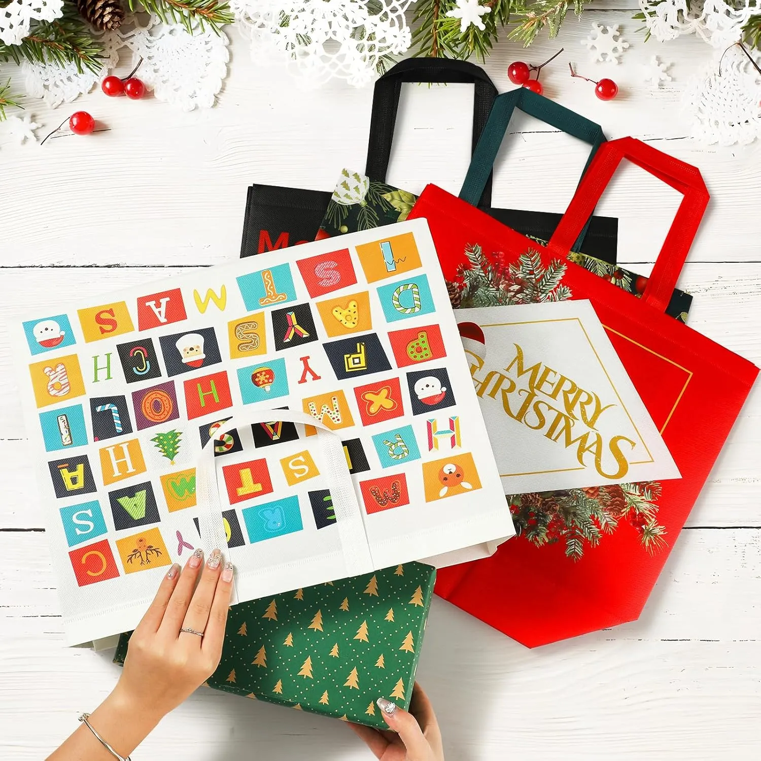 YANGTE 12 Pack 17" Extra Large Christmas Gift Bags, Christmas Tote Bags with Handle, Non-Woven Christmas Bags for Gifts Wrapping Xmas Holiday,16.9" x 12.6" x 6.8"
