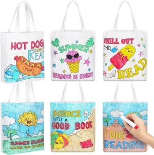Yaomiao 12 Pcs Summer Reading Coloring Tote Bag Large Color Your Own I Love Reading Bags Canvas Gifts Bags End of the Year Gifts Beach for Party Crafts Favor Activities
