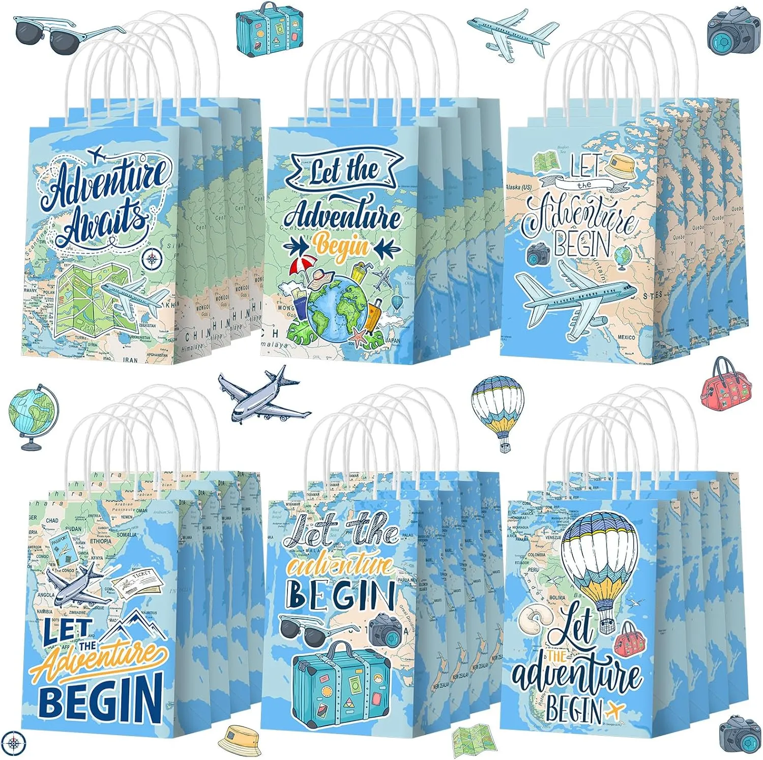Yeaqee 24 Pcs Adventure Themed Party Favor Bags Adventure Gift Paper Bags with Handle Candy Treat Gift Wrapping for Weeding Birthday Party Favor (World Map)
