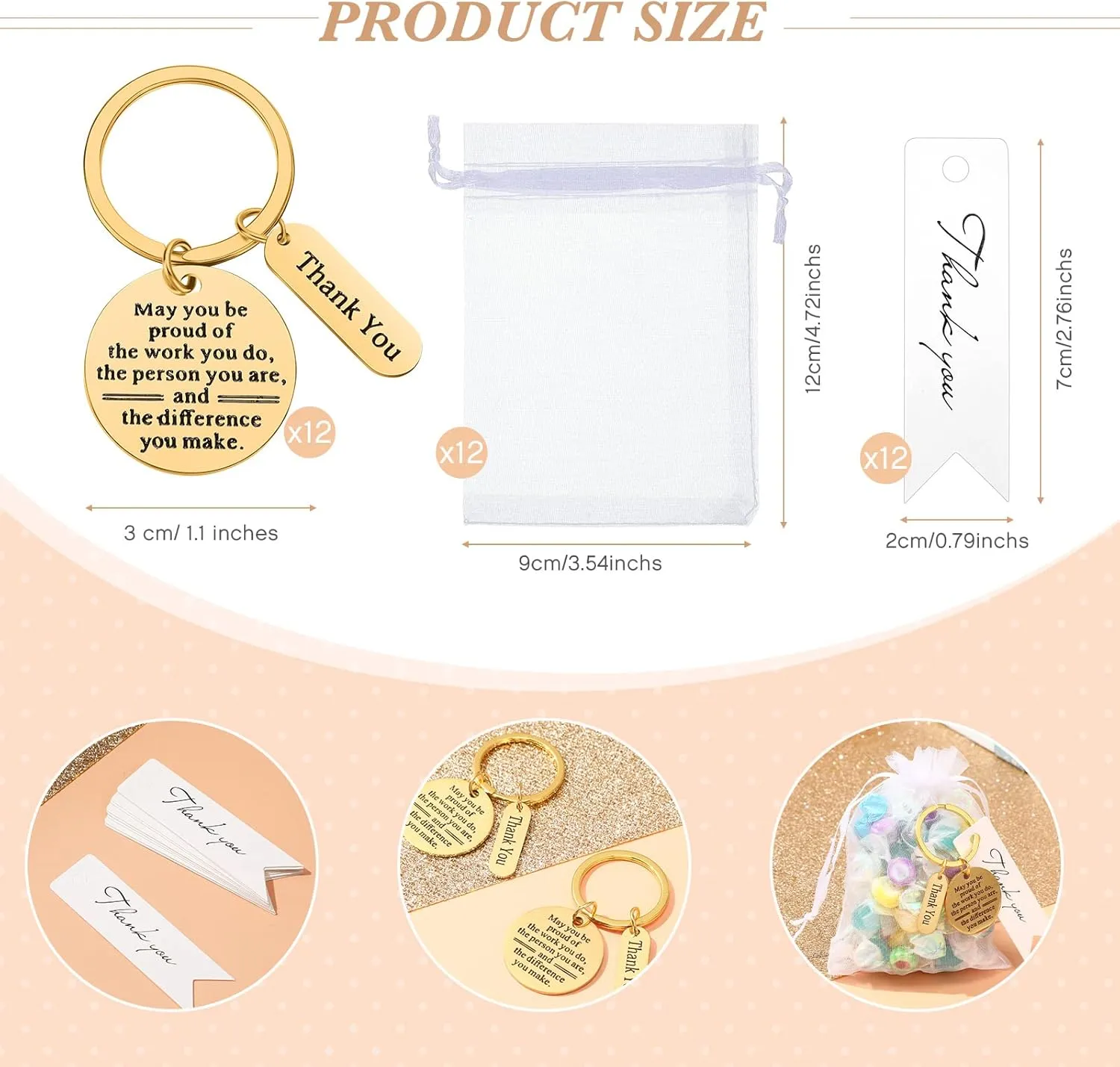 Yinkin 36 Pcs Employee Appreciation Gifts Bulk for Coworkers Keychains Organza Bags with Cards for Teacher Nurse Staff Gifts(Gold)