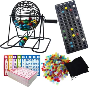 Yuanhe Deluxe Bingo Game Set - Metal Round Cage, 75 Colored Bingo Balls, 100 Bingo Cards, 500 Mixed Chips and Master Board for Large Groups, Parties