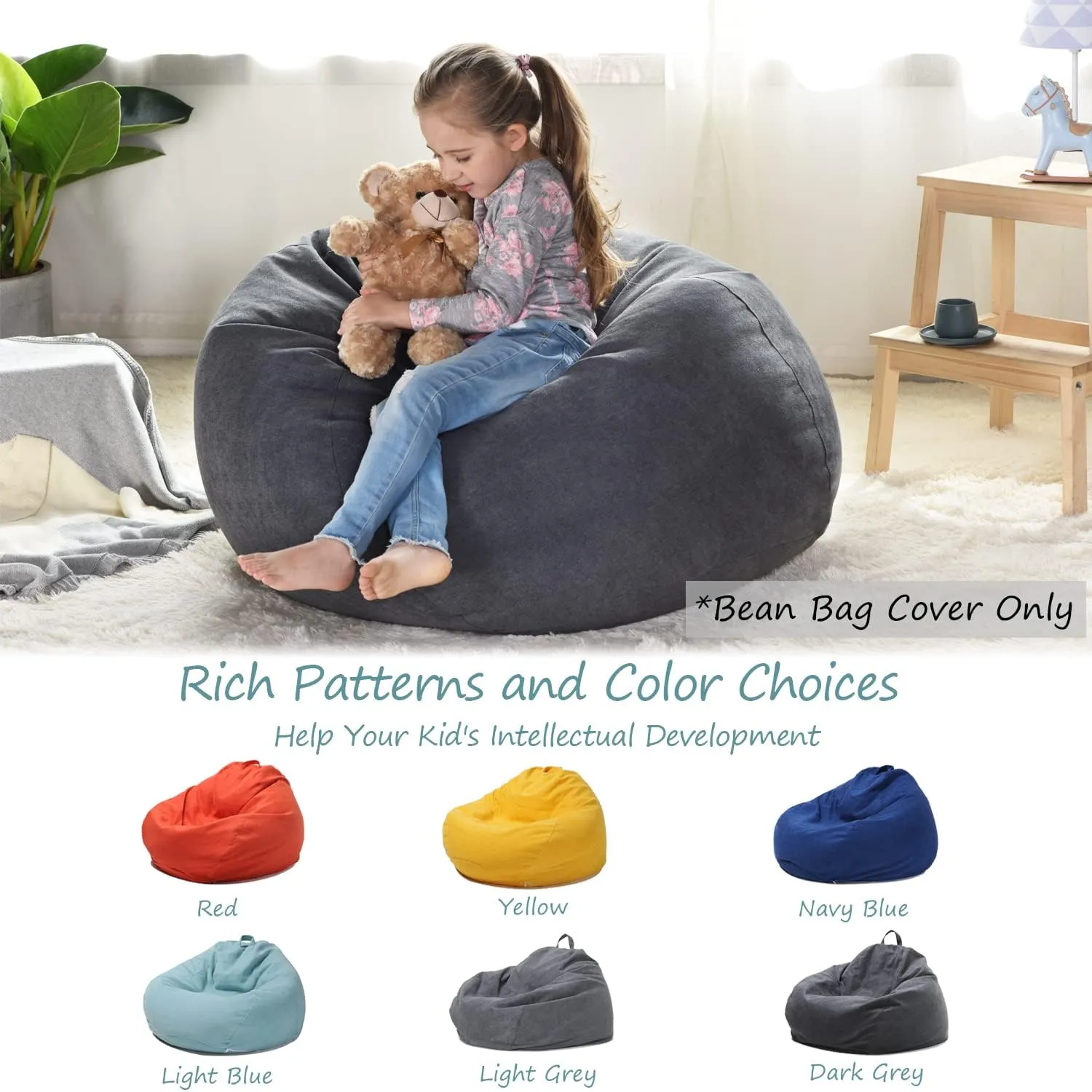 YuppieLife Stuffed Animals Bean Bag Chair Cover Candy-Colored Bean Bag（Just Cover, No Filling）/Extra Large Stuff 'n Sit Organization/Toy Storage Bag/Kids Toys Organizer（38'',Dark Grey）