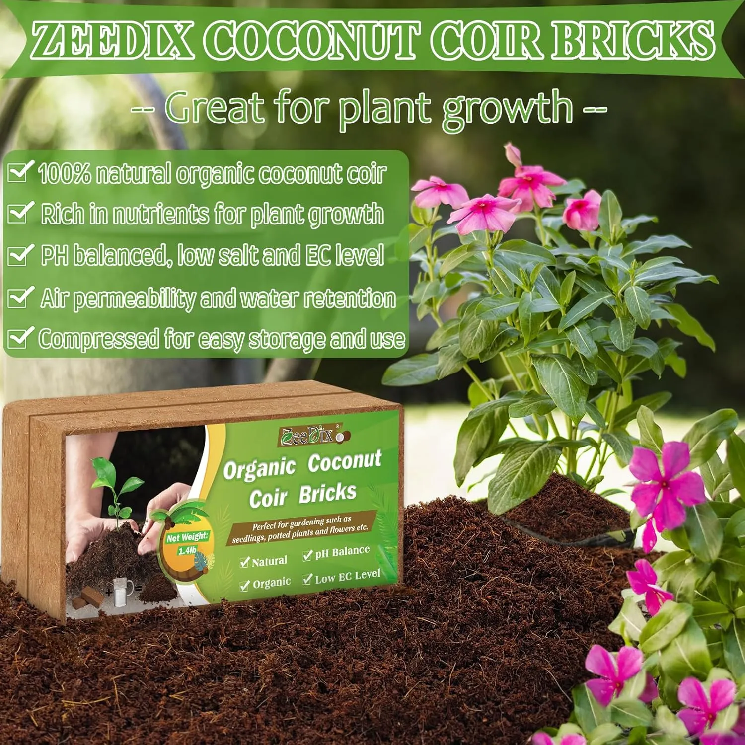 ZeeDix 8 Pcs Coco Coir Brick for Plants, Compressed Coconut Coir 100% Organic Coconut Coir Bricks with Low EC and pH Balance, Premium Coconut Husk Soil Bricks for Gardening Vegetables Plants