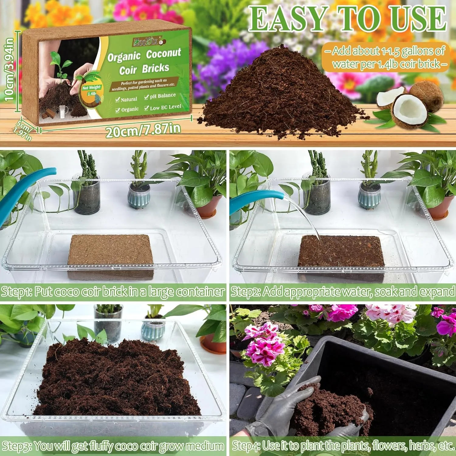 ZeeDix 8 Pcs Coco Coir Brick for Plants, Compressed Coconut Coir 100% Organic Coconut Coir Bricks with Low EC and pH Balance, Premium Coconut Husk Soil Bricks for Gardening Vegetables Plants