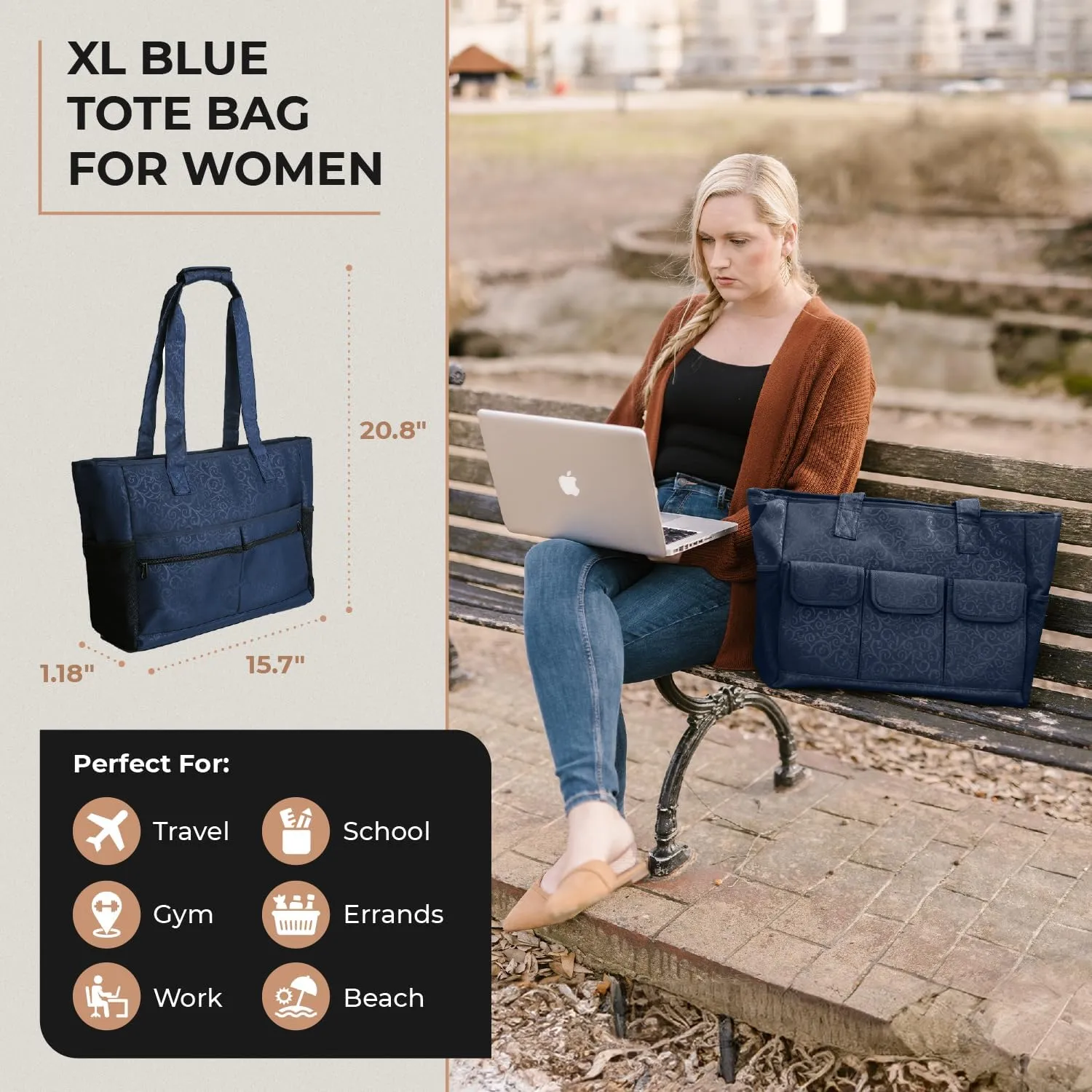 Zero Grid Women's Laptop XL Tote Bag - Travel, Gym, Yoga, Beach Shoulder Bag with RFID-Blocking and Water Resistant Fabric