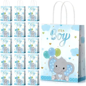 Zonon 16 Packs Baby Shower Present Bags Elephant Party Goodie Bags with Handle Elephant Themed Party Favors for Kids Birthday Baby Shower Party Decor Supplies(Boy Style)