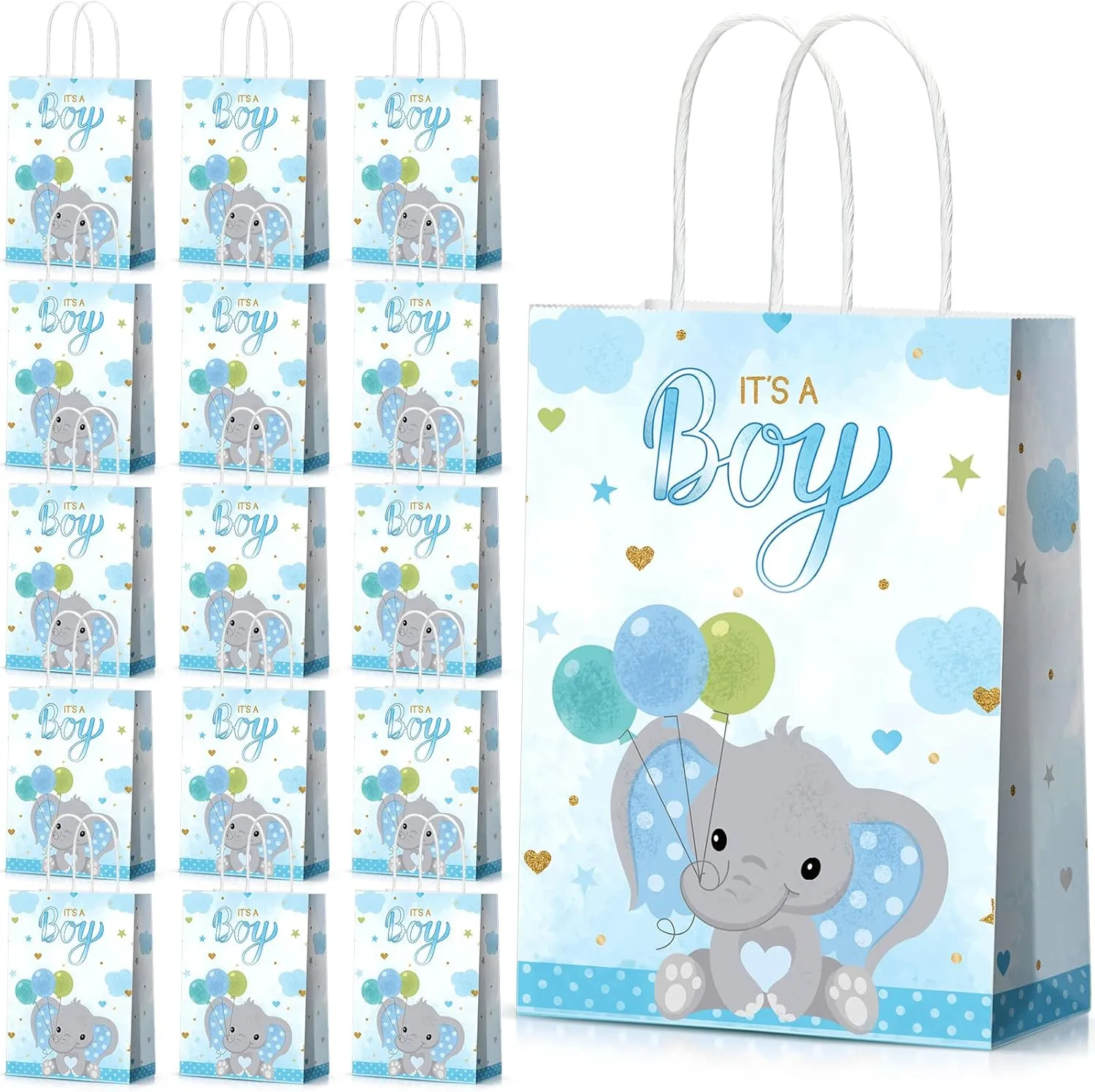 Zonon 16 Packs Baby Shower Present Bags Elephant Party Goodie Bags with Handle Elephant Themed Party Favors for Kids Birthday Baby Shower Party Decor Supplies(Boy Style)